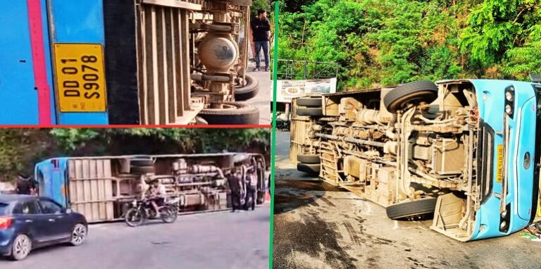 passenger bus overturned on the road